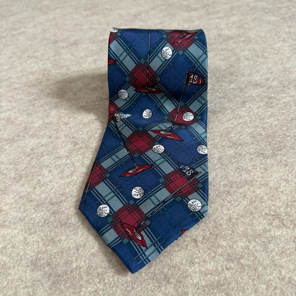 Vtg St. Andrews Rooster 100% silk tie mens blue plaid golf print novelty USA